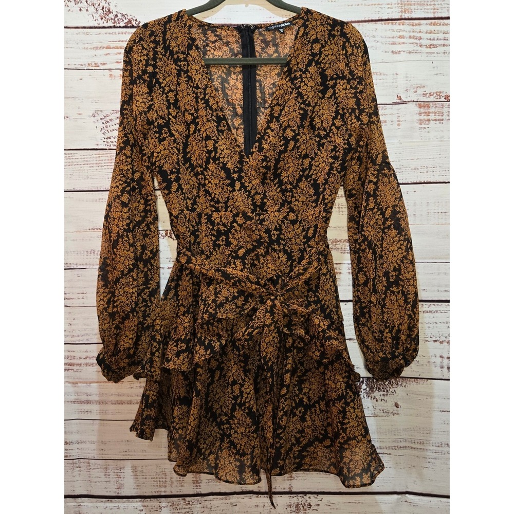 Black Floral Boho Print Size Med Long Sleeve Ruffle Mini Dress‎